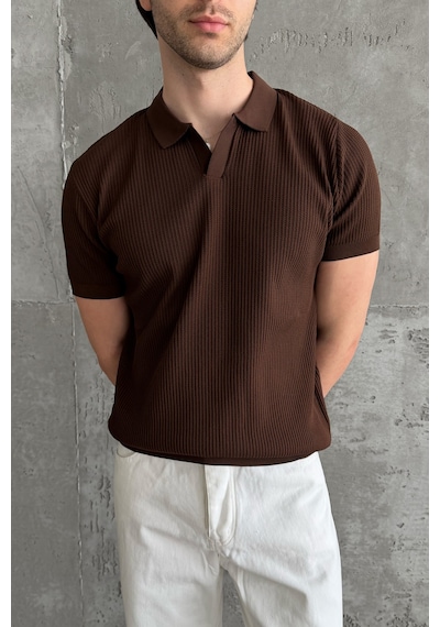 Erkek Petek Desen Polo Yaka Triko T-shirt Kahverengi