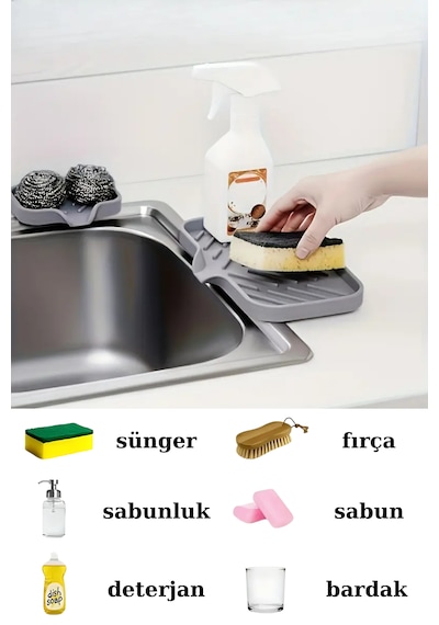 Superpup Mutfak Ve Banyo Çok Amaçlı Kurutma Matı, Süzen Tepsi Silikon Sabunluk, Kaymaz Süngerlik, Sabun Pedi Antrasit - Gri