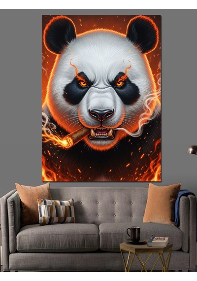 Ahşap Tablo Ağzında Puro Olan Öfkeli Panda