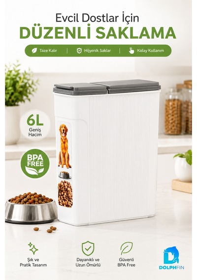 6 L Kapaklı Kedi Köpek Mama Saklama Kabı Bpa Free Dar Form Beyaz Gri Çok Renkli