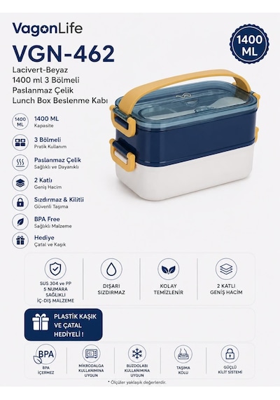 Vagonlife Vgn-462 Lacivert-beyaz 1400 Ml 3 Bölmeli Paslanmaz Çelik Lunch Box Beslenme Kabı Çok Renkli