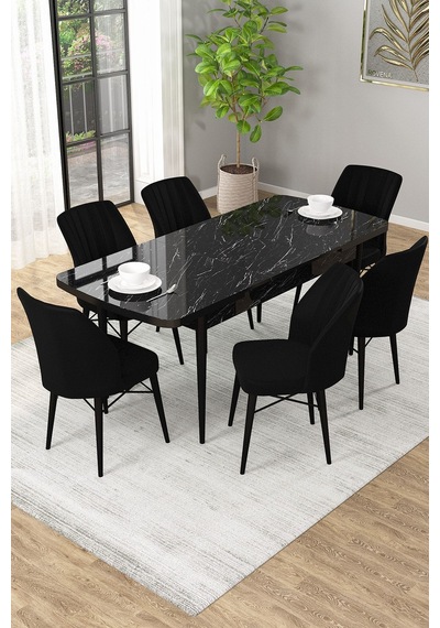 Arel Siyah Mermer 80x132 Açılabilir Mdf Masa Yemek Odası Takımı, Mutfak Takımı 6 Adet Sandalye Siyah Mermer - 6 Siyah - Siyah Ayak