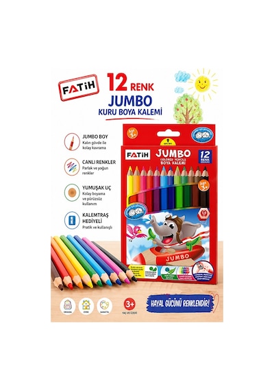 12 Li Jumbo Kuru Boya Kalemi 1 Paket Fatih Kalın 12 Renk Jumbo Kuruboya Tam Boy Renkli Kalem Karton Kutu Kolay Tutuş Çok Renkli