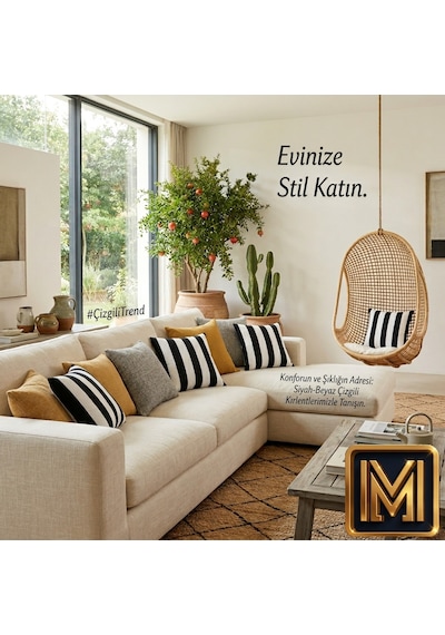 Kırlent 6 4'lü Siyah Beyaz Çizgili Kırlent Kılıfı 45x45 Cm Modern Dekoratif Koltuk Yastık Kılıfı Beyaz Siyah Renk