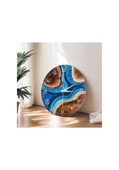 Epoxy Görünümlü Dekoratif Duvar Saati 33 Cm Uv Baskılı Mdf Duvar Saati Mavi