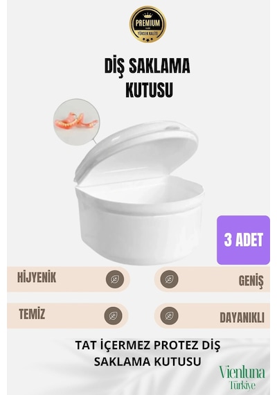 Yüksek Kalite Uzun Ömürlü Plastik Hijyenik Tat İçermez Protez Diş Saklama Kutusu Geniş Boy 3 Adet