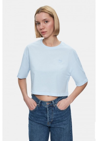 Indıana Gök Mavi Bisiklet Yaka Crop Baskılı Loose Fit Kadın Tshirt Gök Mavi Indıana Gök Mavi Bisiklet Yaka Crop Baskılı Loose Fit Kadın Tshirt Gök Mavi