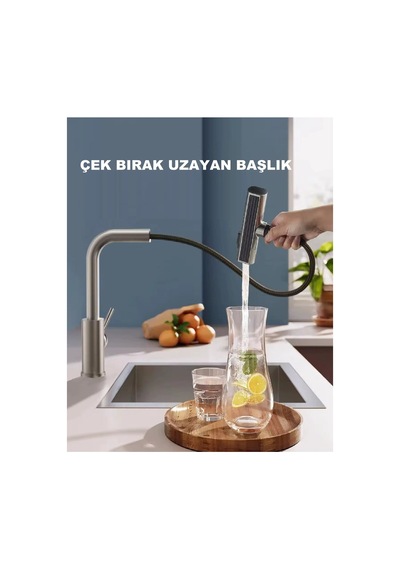 Rena Design Çok Modlu Inox Mutfak Evye Bataryasi Mat Gri Musluk Spiralli Çek Birak Başlik Yağmurlama