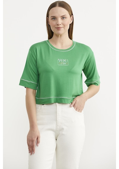Sim Detaylı Oversize Crop Tişört - Yeşil Çok Renkli