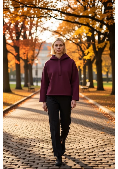 Benerly Kadın Kapüşonlu Düşük Kol Oversize Örme Sweatshirt Fonksiyonel Da Mürdüm