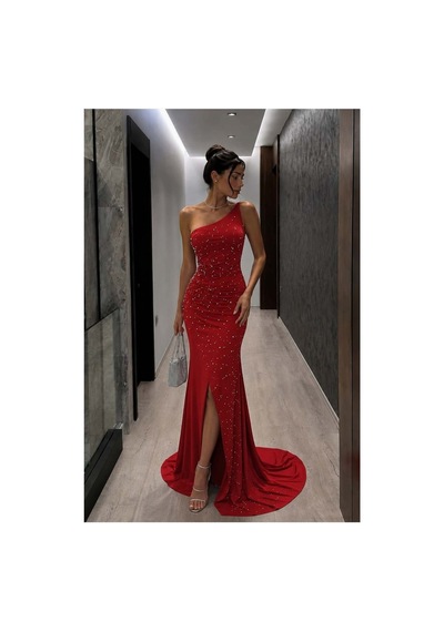 DefyModa Kadın Günlük Tek Omuz Taş Detaylı Abiye Elbise Kırmızı