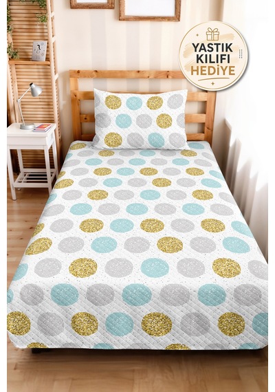Geometrik Puantiyeli Genç Odası Tek Kişilik Pike Takımı - Gri Mint 160x220 Cm Kapitone Yatak Örtüsü Ilık Dal Aralığı