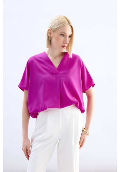 Sateen Geniş Kısa Kollu Bluz - Fuşya-136762 Fuşya