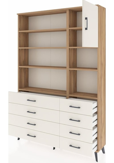 Arges Dolap 8 Raflı 8 Çekmeceli Tek Kapaklı 132x30x195 Çam-a... Çam