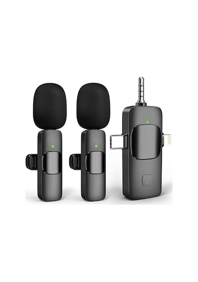K15 Yaka Mikrofonu 2 Li Kablosuz Yaka Mikrofonu İos, Android,3.5mm Jack Lightning Girişli Kamera, Usb-c , Video Kaydı, Vloglama, Youtube Uyumlu