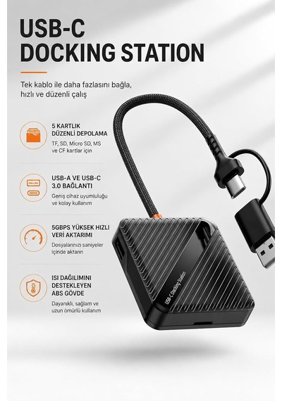 Sd/tf Hafıza Kartı Okuyucu 5 Kart Usb-a Usb-c 3.0 5gbps Ads-319