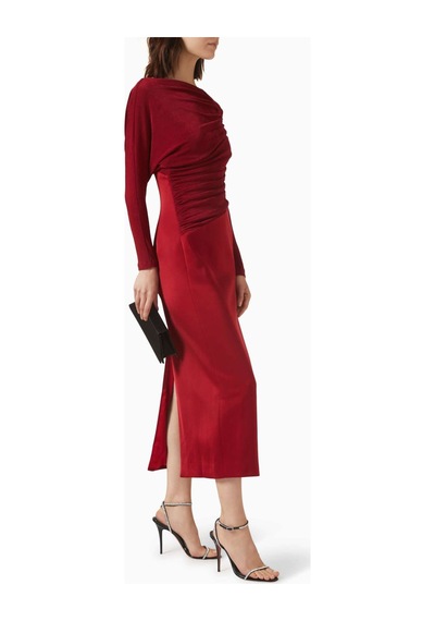 Eegen Studio Mirabel Midi Elbise - 50'ler Glamouru, Uzun Kollu, Drapeli Yaka, Taffeta Etek Kırmızı