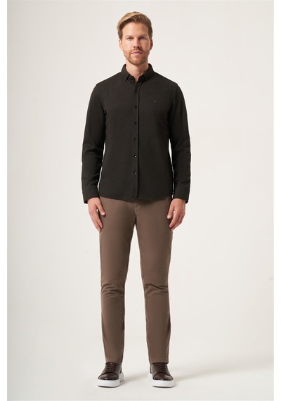 İmza Kahverengi Düğmeli Yaka Dokulu Örme Slim Fit Esnek Gömlek 1004265171