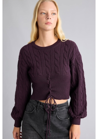 Defacto Regular Fit Bisiklet Yaka Saç Örgülü Bağcık Detaylı Triko Crop Kazak I9174ax26wnpr201 Mor-pr201