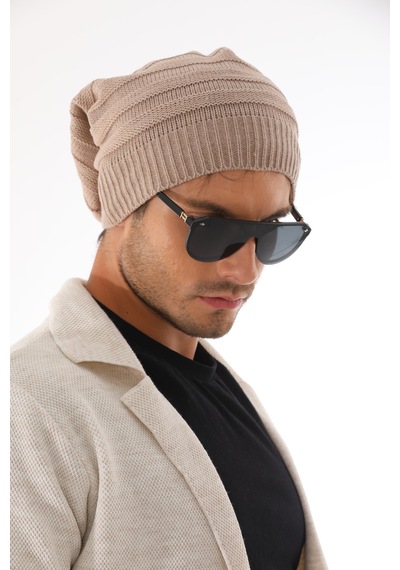 Ritagarcia Unisex Arkası İpli Büzgülü Triko Bere Kışlık Dökümlü Slouchy Beanie Bere Bej