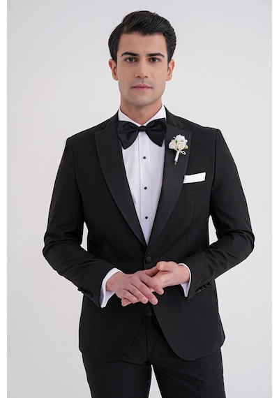 Slim Fit Fleto Cep Çıkarılabilir Saten Yaka Düz Siyah Damatlık Smokin Takım Altro 032 Siyah