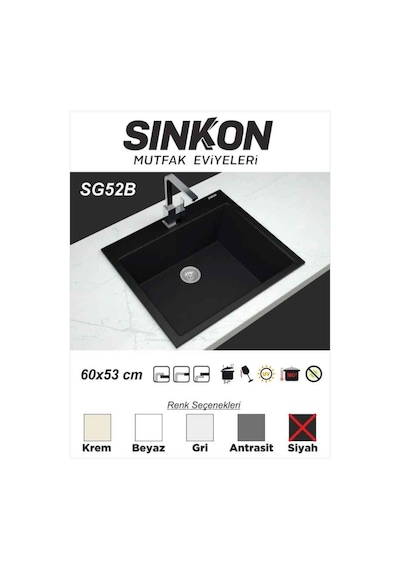 Sinkon Siyah Granit Eviye 60 x 53 - Sg52B - Sinkon
