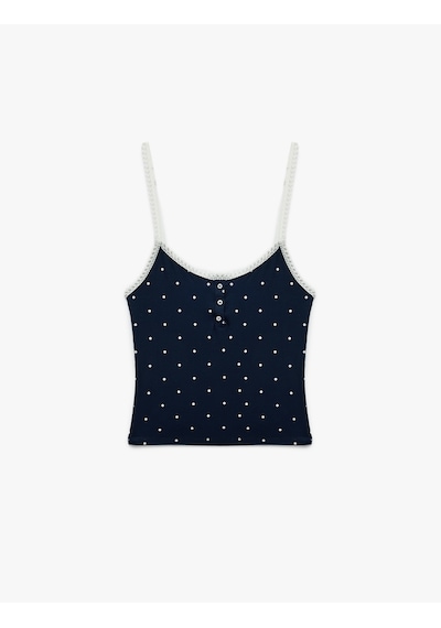 Koton Dantel Detaylı U Yaka Askılı Düğmeli Puantiyeli Atlet Pijama Lacivert Desenli 6slk90050mk 7d2