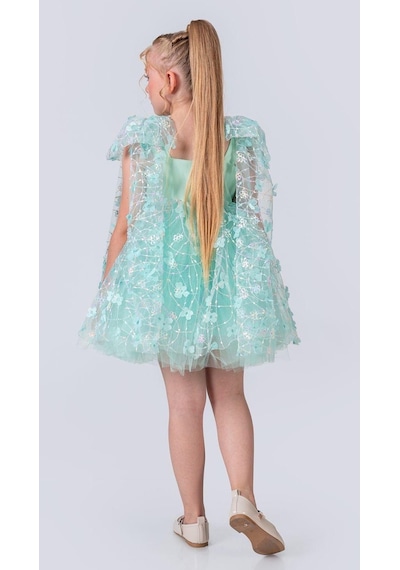 Mnk Baby & Kids Çiçek Brode Desen İmeros Kız Abiye M00736 Mint Yeşili