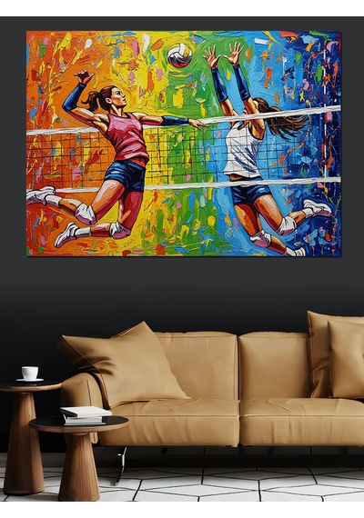 Kadınlar Voleybol Maçı Smaç Ve Blok Dekoratif Kanvas - Mdf Ahşap Tablo