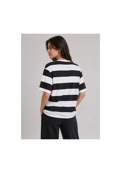 Butik İstanbul Çizgili Oversize Tişört Bisiklet Yaka Kısa Kol Yazlık T-shirt - Siyah