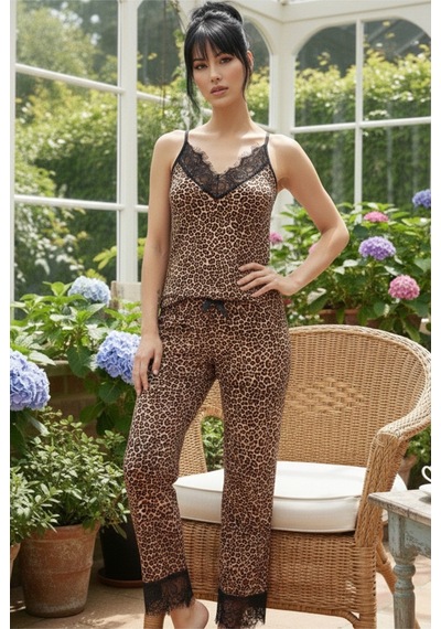 Siyah İnci İp Askılı Dantelli Örme Pijama Takım 26120726 Leopar