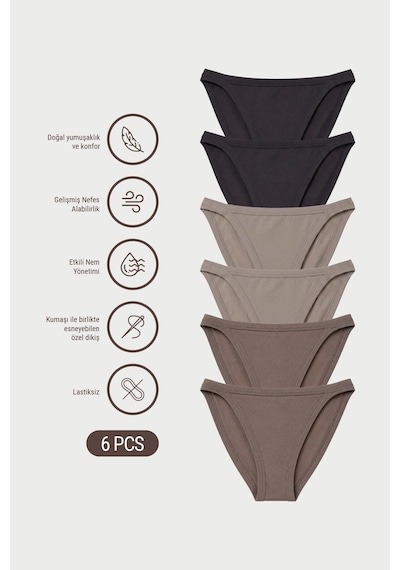 Auw Kadın Yanları İnce Pamuklu Modal Slip Külot 6'lı - Softfit Taş - Vizon - Siyah