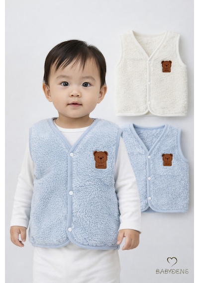 Babyden's 2 Li Welsoft Yelek Seti Erkek Bebek & Çocuk Peluş Yumuşak Kışlık Bebek Yeleği, Çıtçıtlı Ekru - Mavi