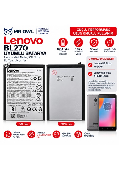 Lenovo K6 Note K53a48 / K8 Note Xt1902 Uyumlu Bl270 4000 Mah Li-ıon Polymer Batarya