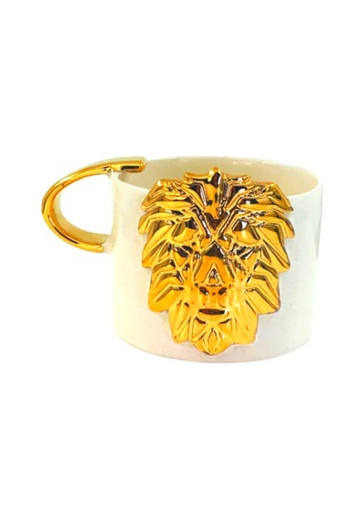 24 Ayar Altın Işlemeli, Aslan Kabartmalı,%100 El Yapımı Mug, 220 Ml Beyaz - Çok Renkli