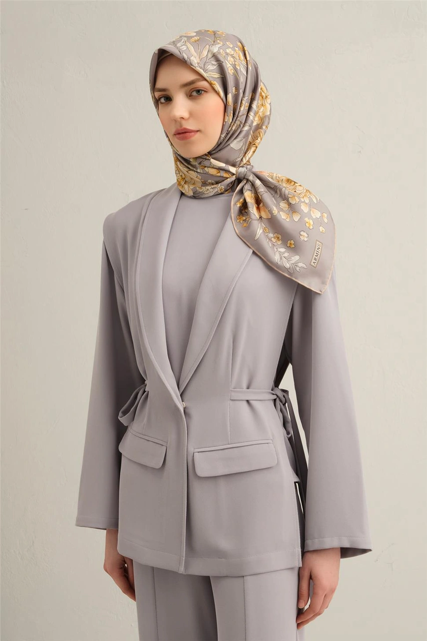Armine Çiçek Desenli Saf İpek Twill Eşarp 9347d 52 Gri