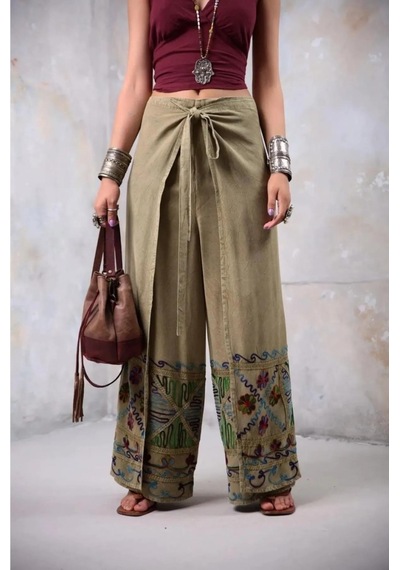 Eren Style Otantik Nakış İşlemeli Harem Şalvar Bulmaca Pantolon 103 Cm -8719 Açık Yeşil