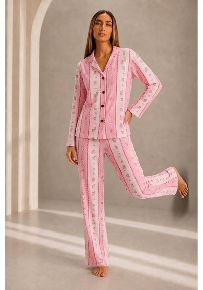 Kadın Önden Düğmeli Uzun Kollu Alt Üst Pembe Pijama Takımı