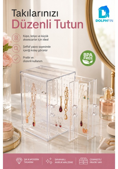Çekmeceli Mücevher Kutusu Şeffaf Takı Kolye Küpe Aksesuar Makyaj Organizer