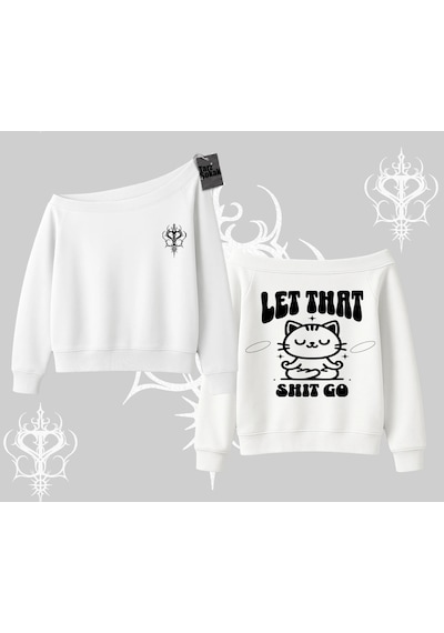 Startmore Meditasyon Yapan Kedi Baskılı Kayık Yaka Sweatshirt Beyaz