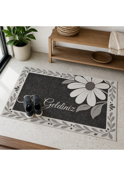 Kartela Halı Hoş Geldiniz Yazılı Papatyalı Kapı Paspası Antrasit Kaymaz Kauçuk Taban 50x75 Cm