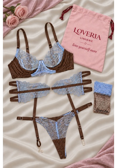 Loveria Mavi Dantelli Sütyen Külot Jartiyer Ve Çorap 4 Parça İç Giyim Takımı Kahverengi-mavi Kahverengi-mavi Loveria Mavi Dantelli Sütyen Külot Jartiyer Ve Çorap 4 Parça İç Giyim Takımı Kahverengi-mavi Kahverengi-mavi