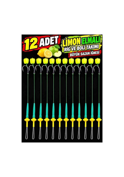 12 Adet Limon Elmalı Sazan Olta Takımı Büyük Sazan Iğneli Hazır Rig Ve Boli Seti