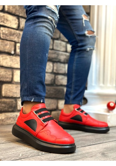 Ba0302 Boa Kalın Taban Bağcıksız Tarz Casual Kırmızı Siyah Erkek Ayakkabı Kırmızı