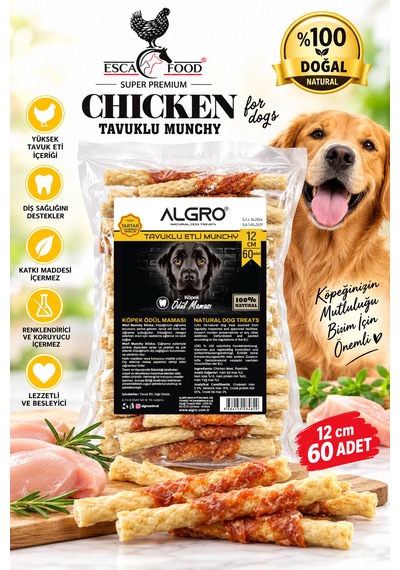Tavuk Göğüs Munchy Sticks Sarmalı %100 Sığır Derisi 12 Cm X 60 Adet