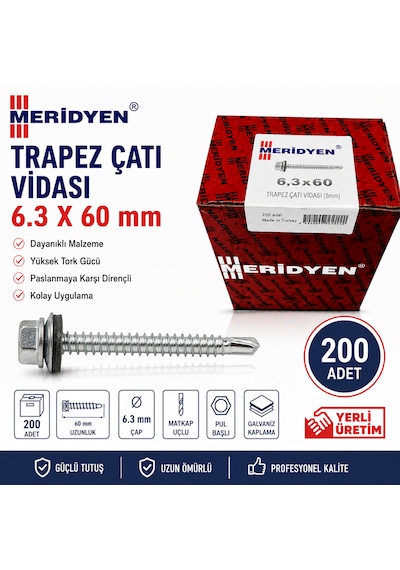Meridyen Trapez Çatı Vidası 6.3 X 60 Mm 200 Adet 1kutu 6.3x60-200-adet