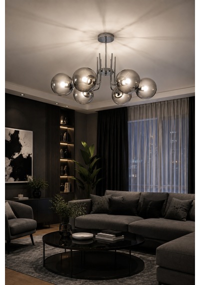 Vien Modern Tasarım Salon Yemek Odası Mutfak Gri Renk Füme Camlı Sarkıt 6 Lı Avize Gri Füme Gri Füme