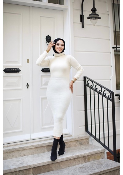 Hira Life Fashion Kadın Elbise Tesettür Giyim Balıkçı Yaka Ve Dar Kesim Triko Kalem Elbise Krem Krem