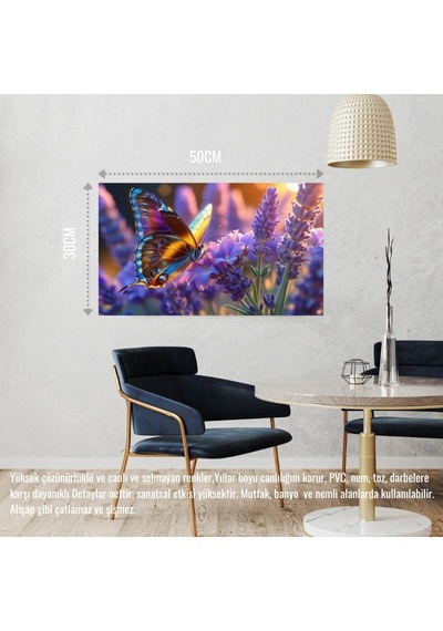 Kelebek Parlayan Güneş Işığı Altında Lavanta Çiçeğinin Üzerinde Dinleniyor 06 Çerçevesiz 50x30 Cm Pvc Tablo