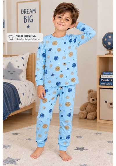 Beniizle Erkek Çocuk Desenli Pijama Takımı Mavi